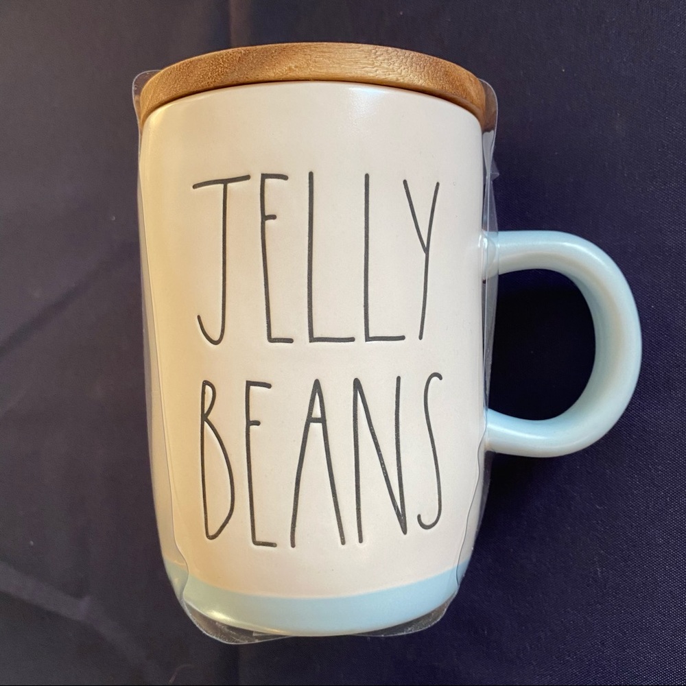 Rae Dunn JELLY BEANS White/Light Blue Easter Mug with Wood Lid BRAND NEW!!